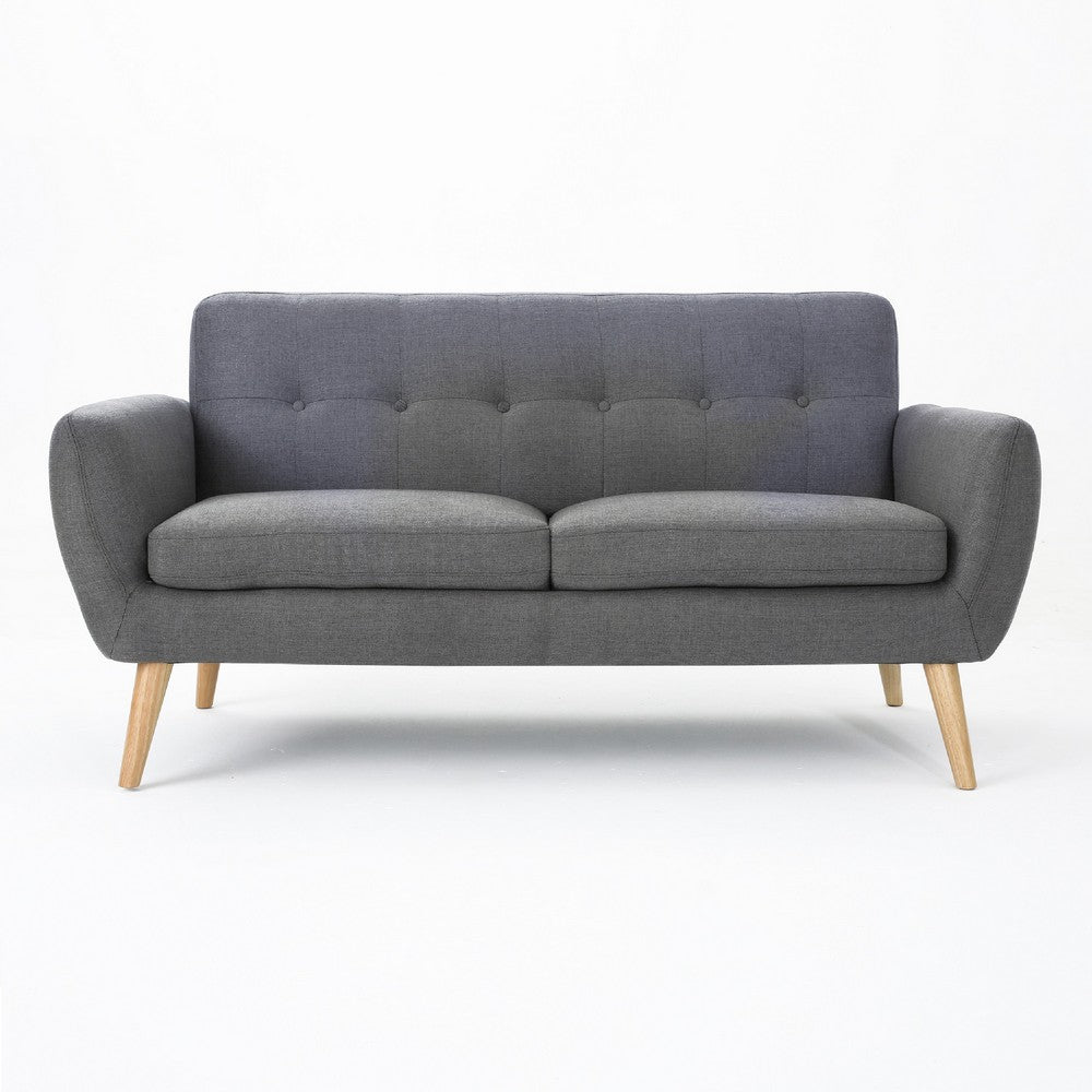 Aly Loveseat | Button Tufted Back | Dark Gray Fabric | Brown Wood 67"