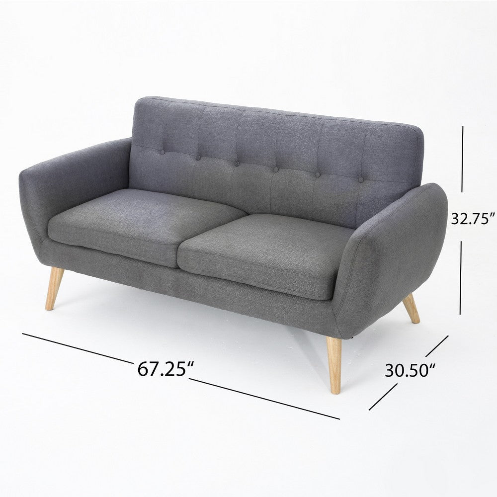 Aly Loveseat | Button Tufted Back | Dark Gray Fabric | Brown Wood 67’’ BM335393