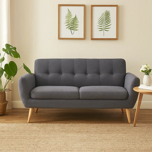 Aly Loveseat | Button Tufted Back | Dark Gray Fabric | Brown Wood 67"