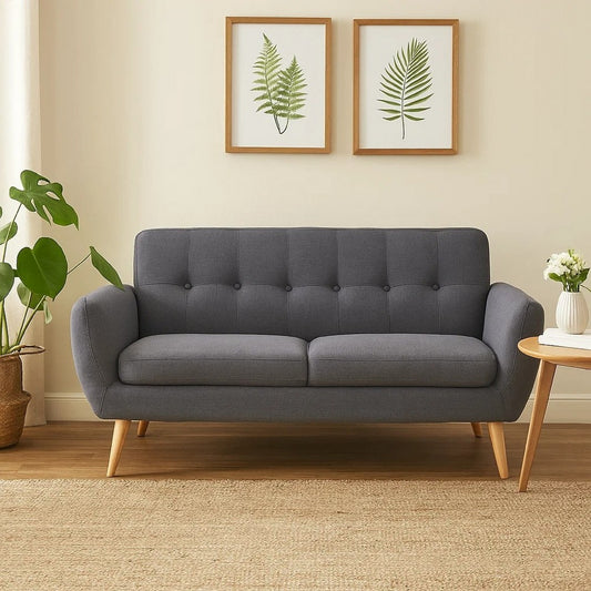 Aly Loveseat | Button Tufted Back | Dark Gray Fabric | Brown Wood 67"