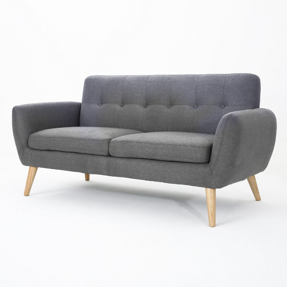 Aly Loveseat | Button Tufted Back | Dark Gray Fabric | Brown Wood 67"