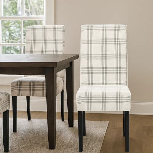 Cini Dining Side Chair Set of 2 | Gray Plaid Fabric | Black Wood Legs