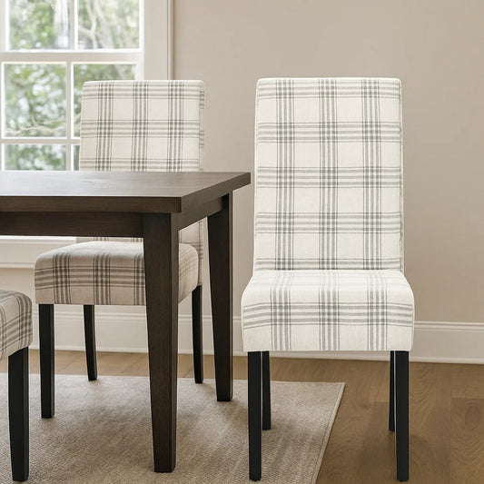 Cini Dining Side Chair Set of 2 | Gray Plaid Fabric | Black Wood Legs