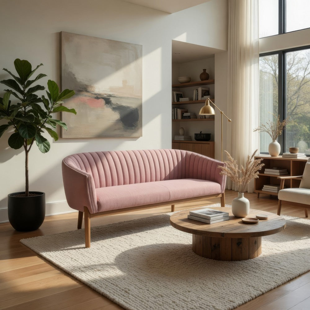 Fery Loveseat | Blush Pink Fabric Channel Stitched Back | Brown 55"