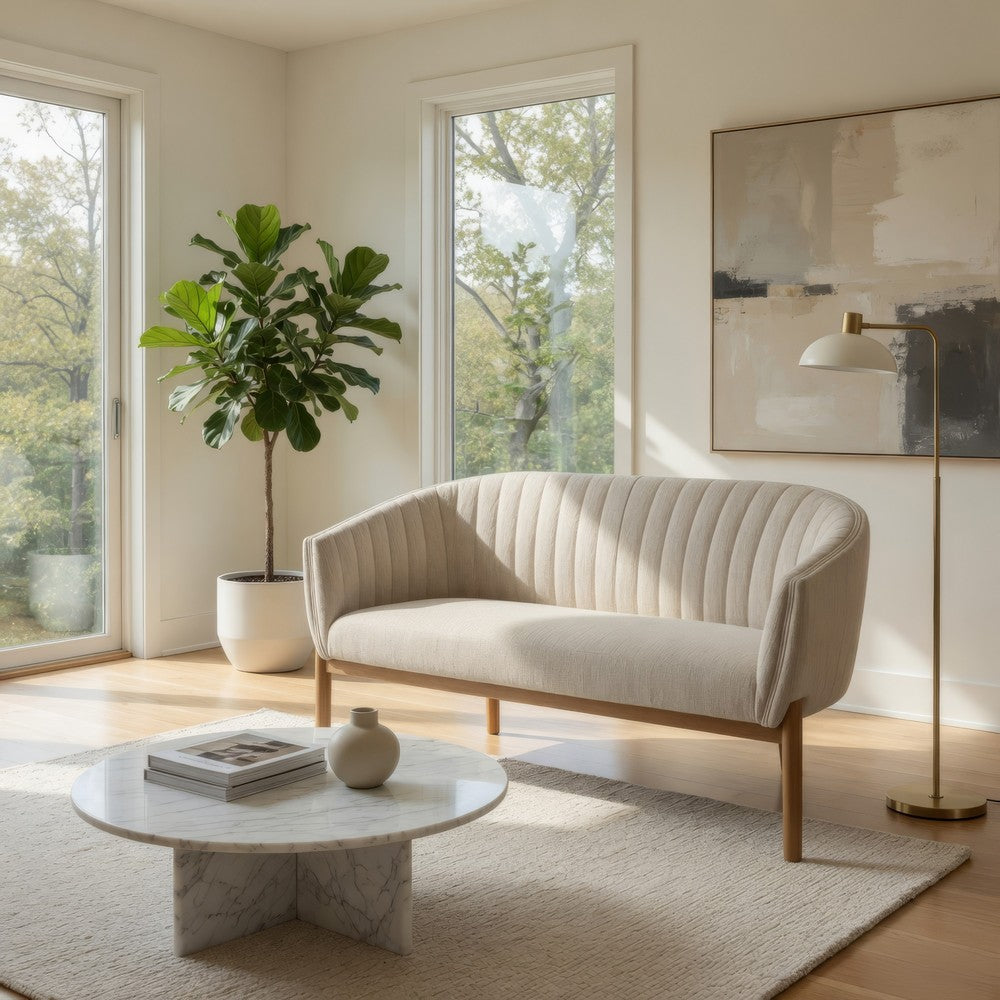 Fery Loveseat | Beige Fabric Channel Stitched Back | Brown Wood 55"
