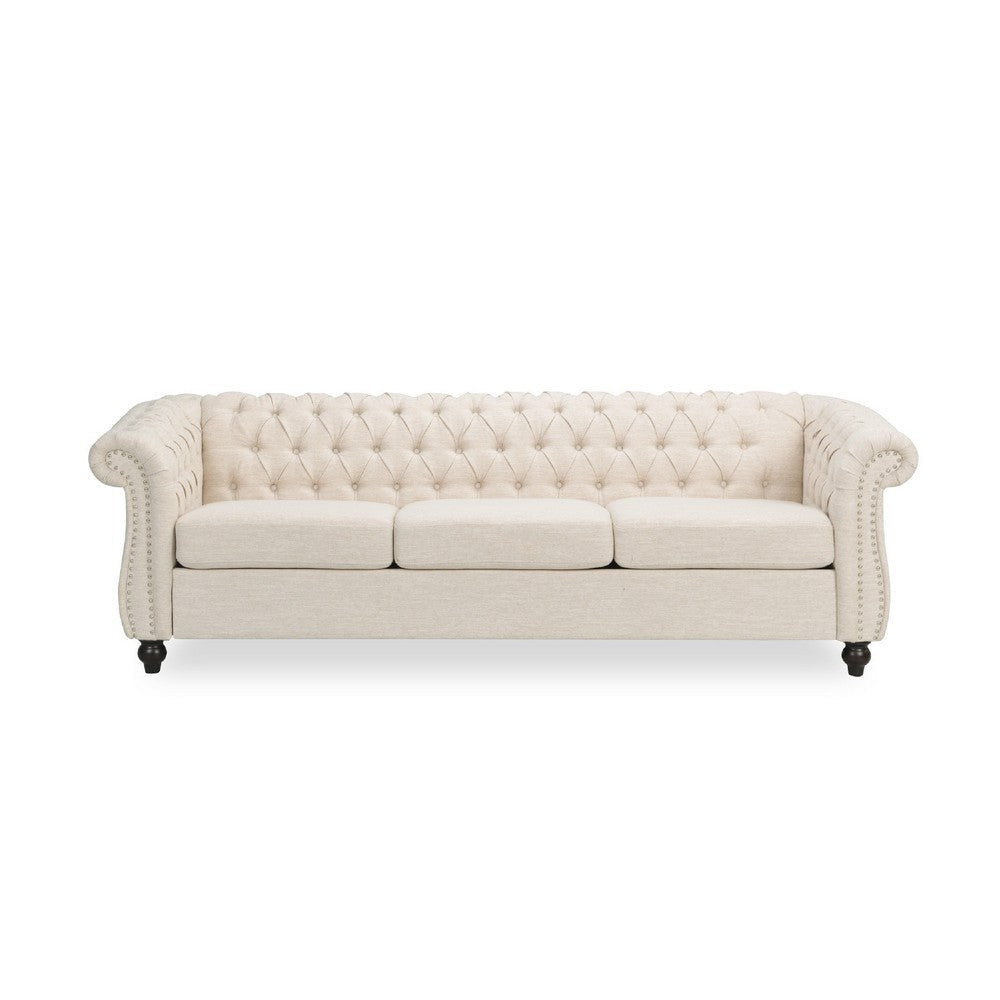 Nisy 3 Seater Sofa | Chesterfield Beige Fabric Tufted Back | 85’’ BM335406