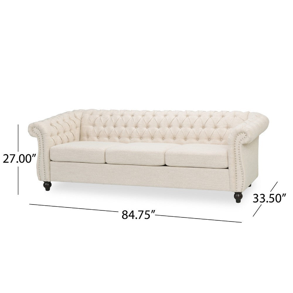 Nisy 3 Seater Sofa | Chesterfield Beige Fabric Tufted Back | 85’’ BM335406