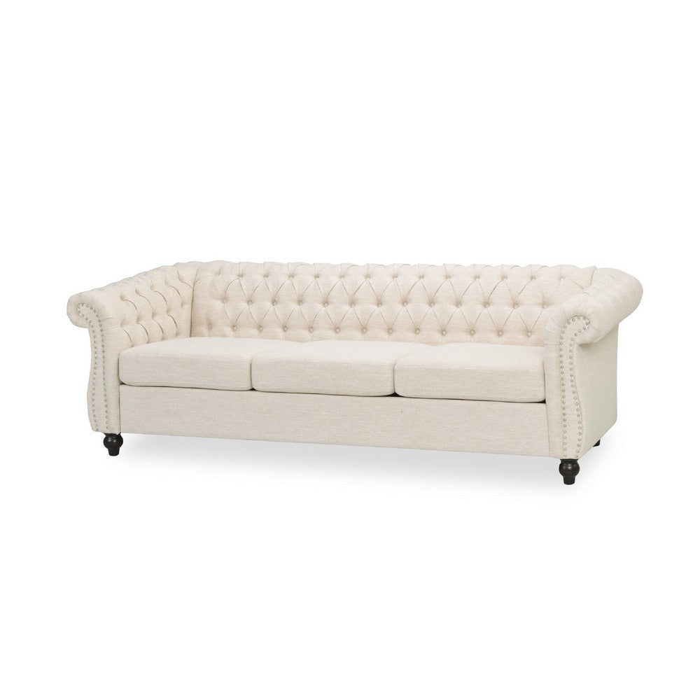 Nisy 3 Seater Sofa | Chesterfield Beige Fabric Tufted Back | 85"
