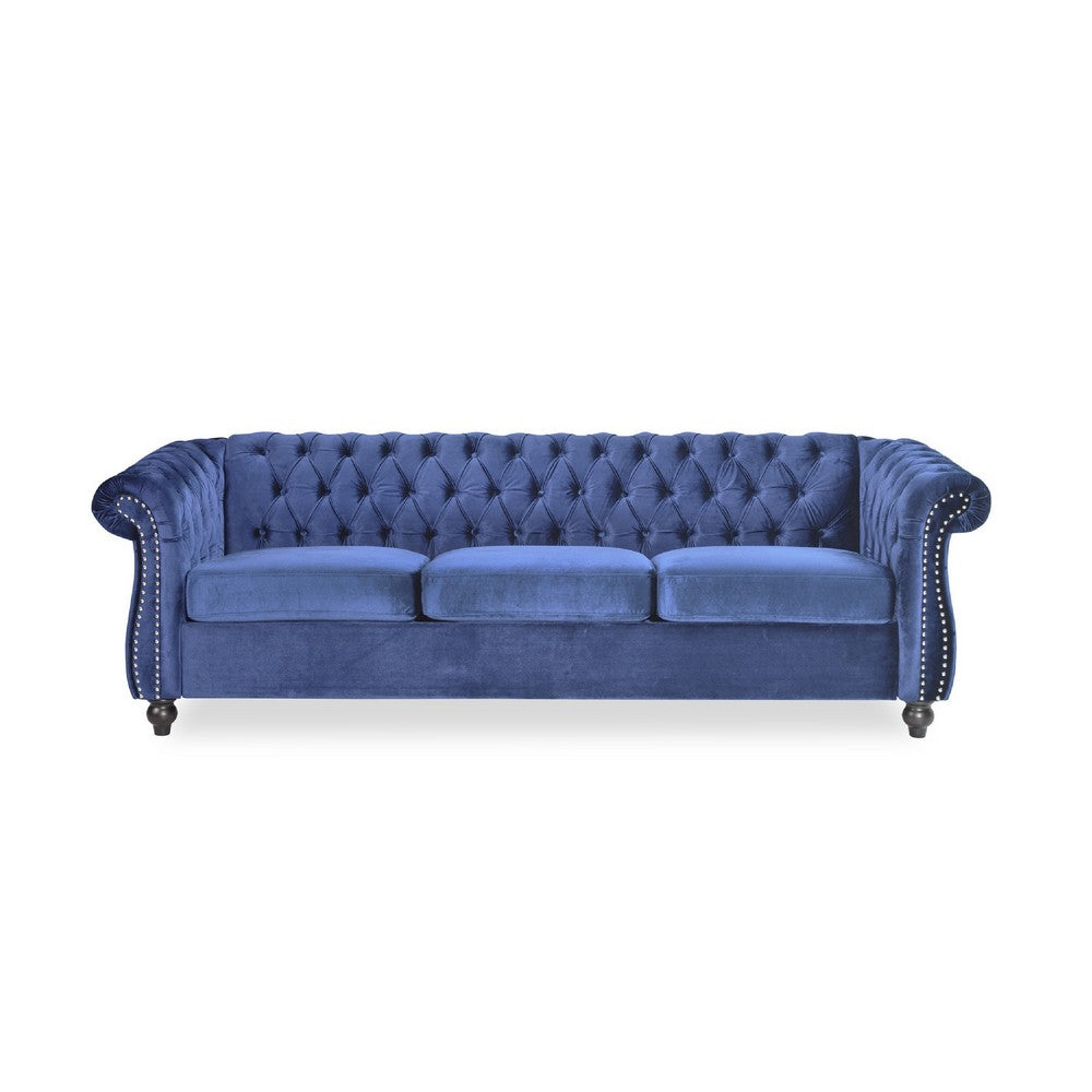 Nisy 3 Seater Sofa | Chesterfield Dark Blue Velvet Tufted Back | 85"