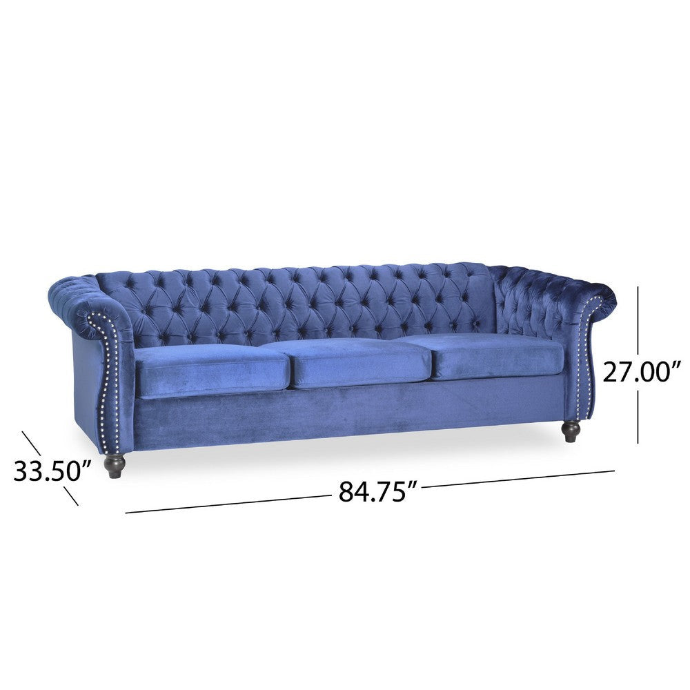 Nisy 3 Seater Sofa | Chesterfield Dark Blue Velvet Tufted Back | 85’’ BM335407