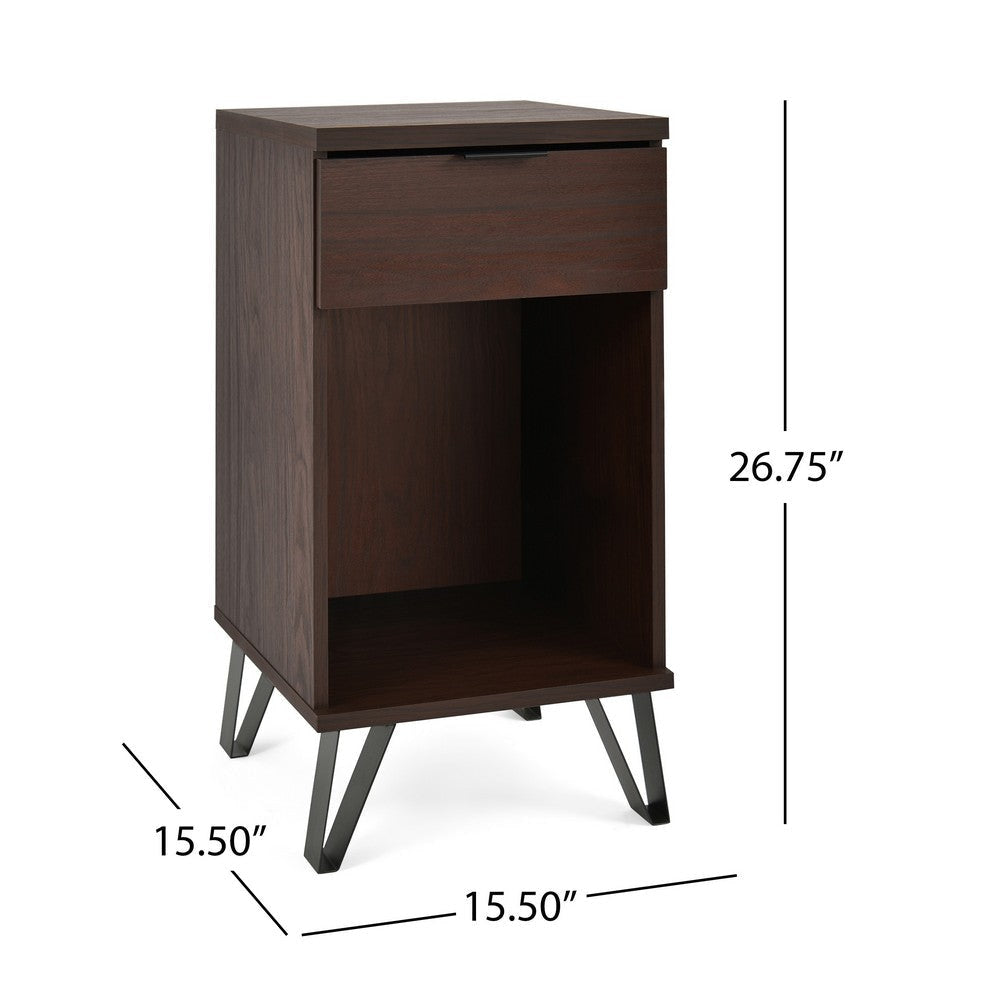 Livy Nightstand | 1 Drawer | Black Iron Legs | Walnut Brown | 27’’ BM335409