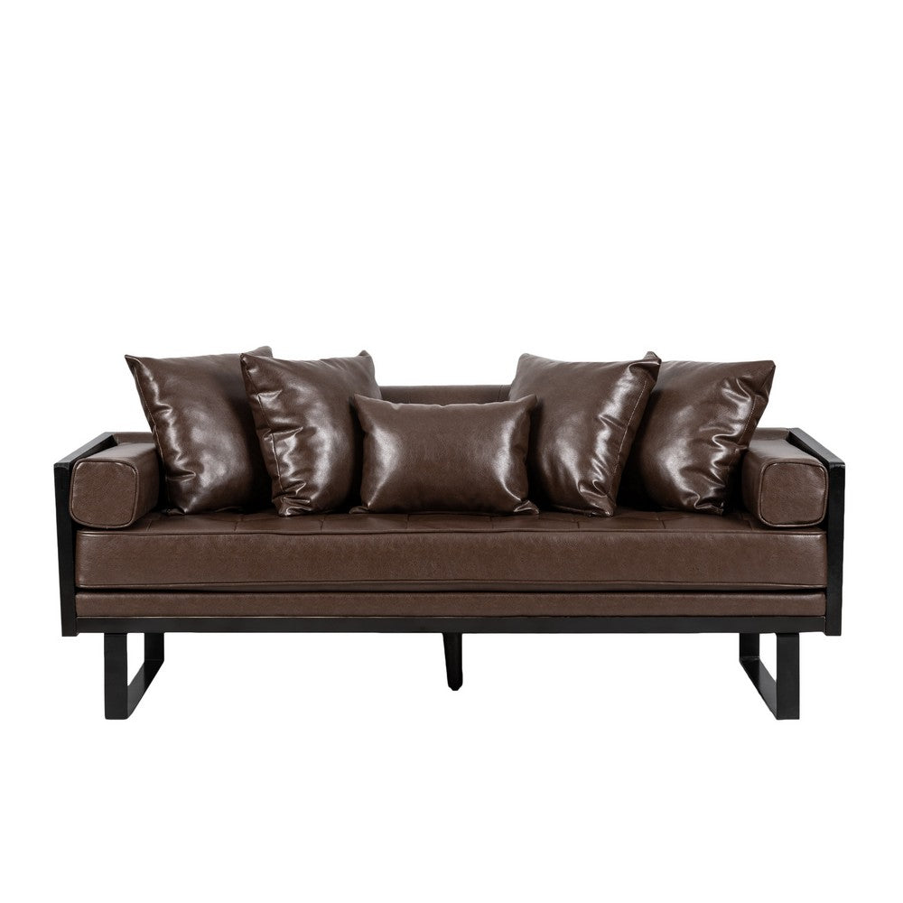 Osy Loveseat | 7 Pillows | Button Tufted Dark Brown Faux Leather 72"