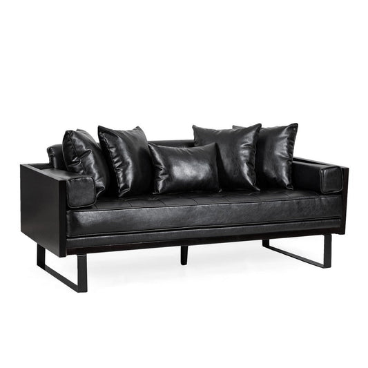 Osy Loveseat | 7 Pillows | Button Tufted Black Faux Leather | 72"