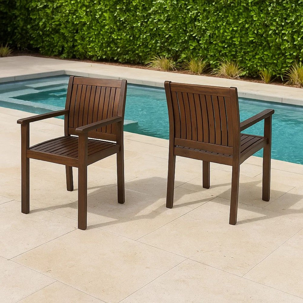 Alison Outdoor Dining Arm Chair Set of 2 | Slatted Brown Acacia Wood