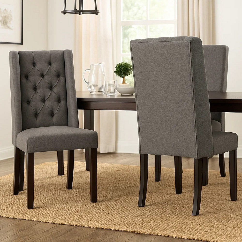 Nathan Dining Chair Set of 2 | Dark Brown Wood | Tufted Gray Wingback