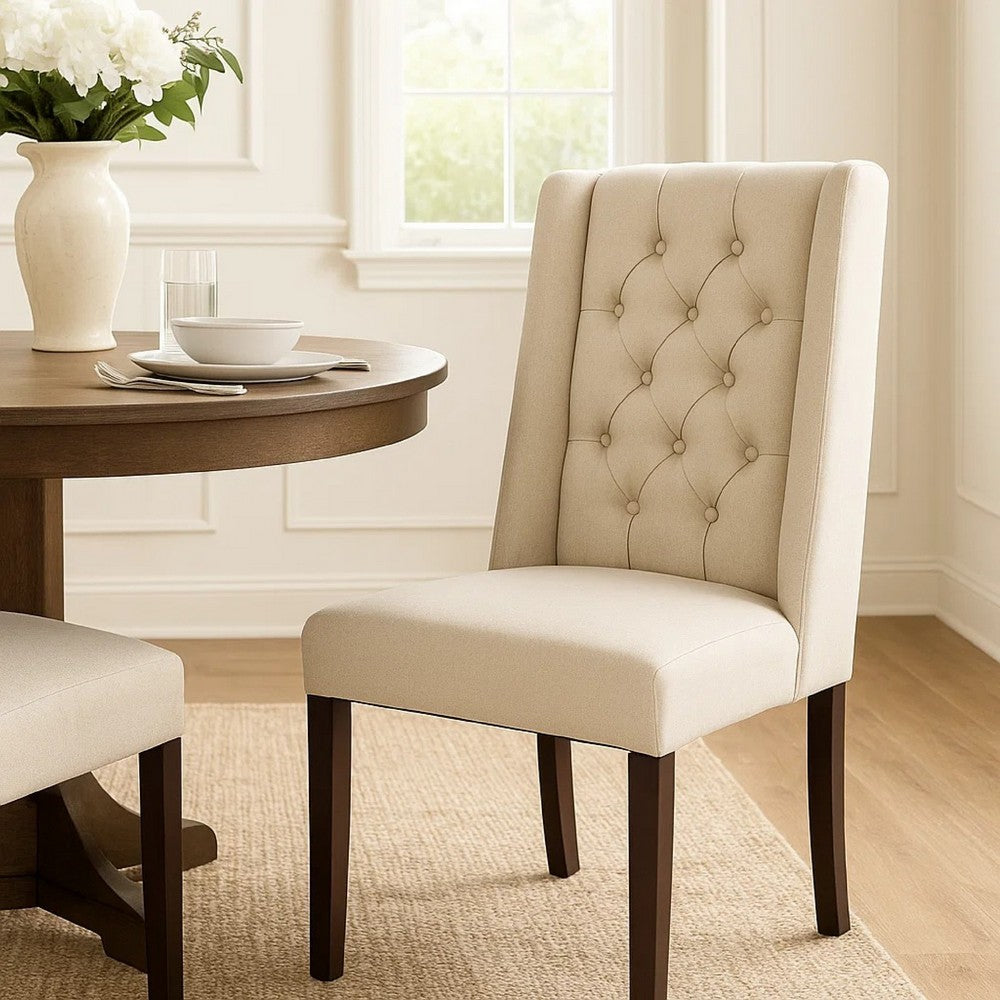Nathan Dining Chair Set of 2 | Dark Brown | Tufted Beige Wingback