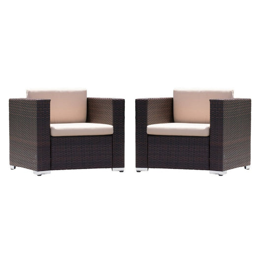 Orene Outdoor Chair Set of 2 | Brown Rattan | Tan Waterproof Fabric