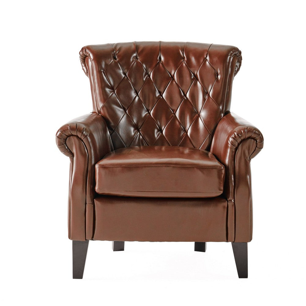 Ranlin Accent Club Chair | Tufted Chestnut Brown Leather | Wood 35"