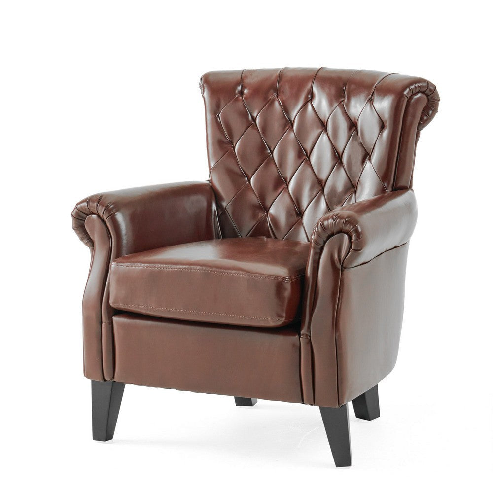 Ranlin Accent Club Chair | Tufted Chestnut Brown Leather | Wood 35"