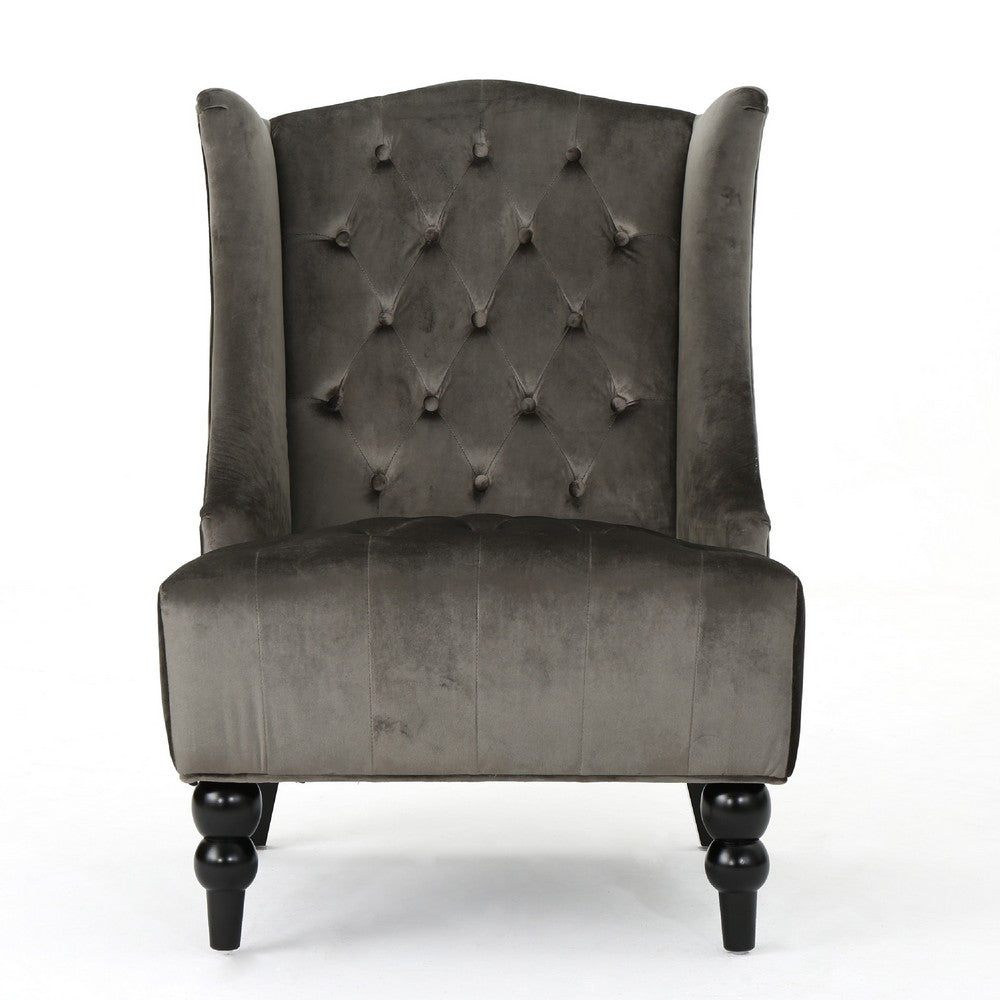 Tesy High Back Accent Club Chair | Gray Tufted Velvet | Black Wood