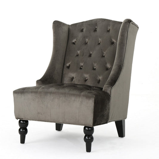 Tesy High Back Accent Club Chair | Gray Tufted Velvet | Black Wood