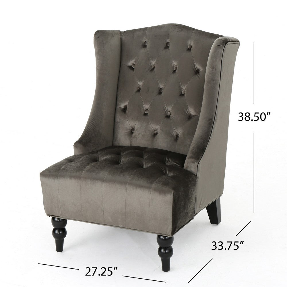 Tesy High Back Accent Club Chair | Gray Tufted Velvet | Black Wood