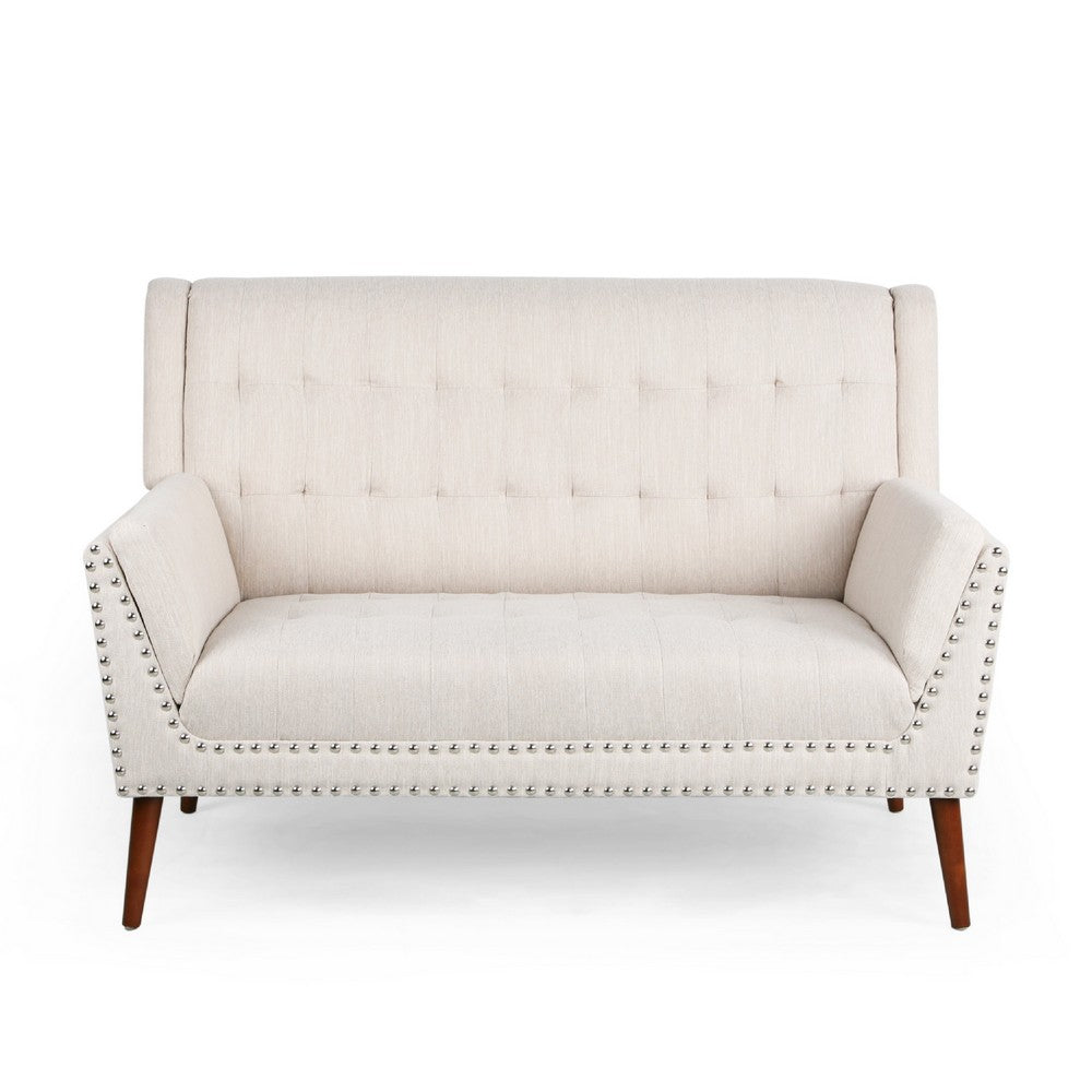 Loveseat | Beige Button Tufted Fabric | Retro Brown Solid Wood | 57"