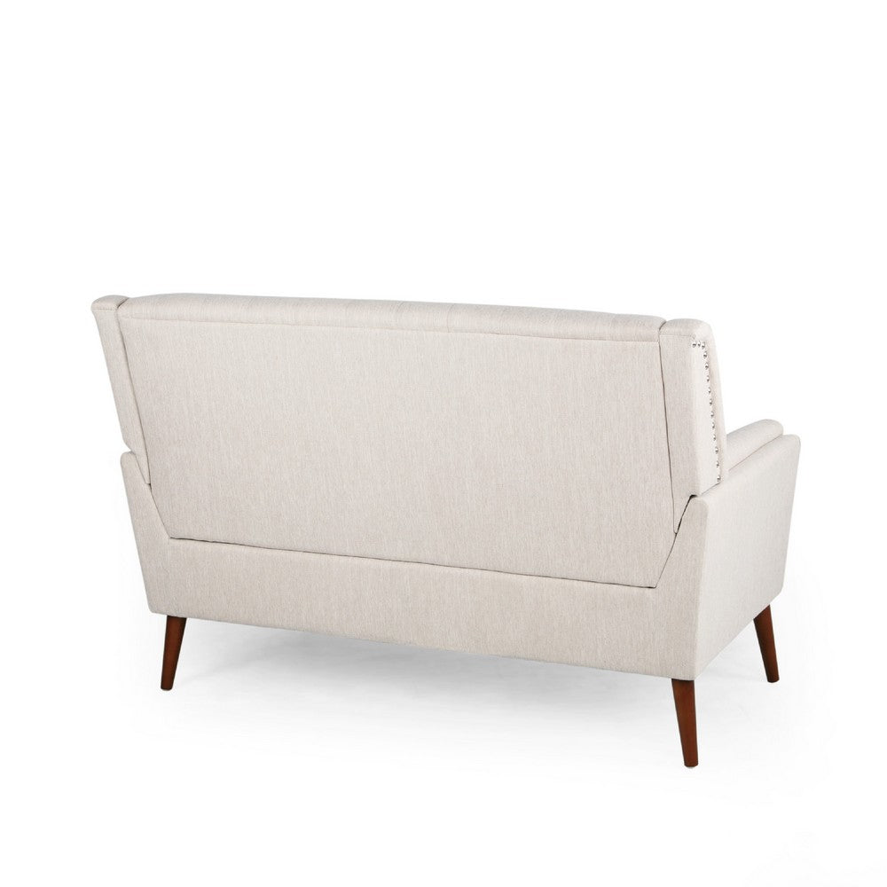 Loveseat | Beige Button Tufted Fabric | Retro Brown Solid Wood | 57"