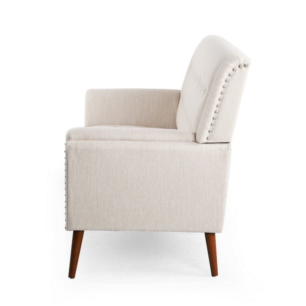 Loveseat | Beige Button Tufted Fabric | Retro Brown Solid Wood | 57"