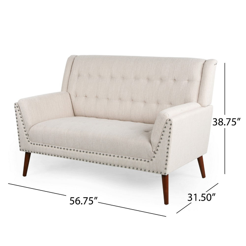 Loveseat | Beige Button Tufted Fabric | Retro Brown Solid Wood | 57"
