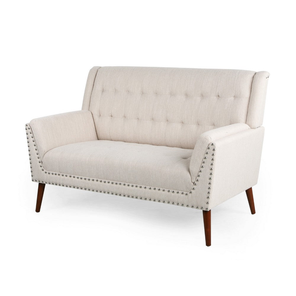 Loveseat | Beige Button Tufted Fabric | Retro Brown Solid Wood | 57"