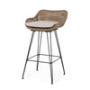 Outdoor Barstool Chair Set of 2 | Beige Fabric | Brown Rattan | Black