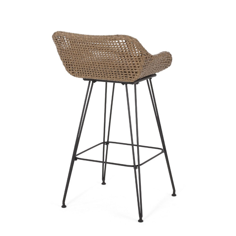 Outdoor Barstool Chair Set of 2 | Beige Fabric | Brown Rattan | Black