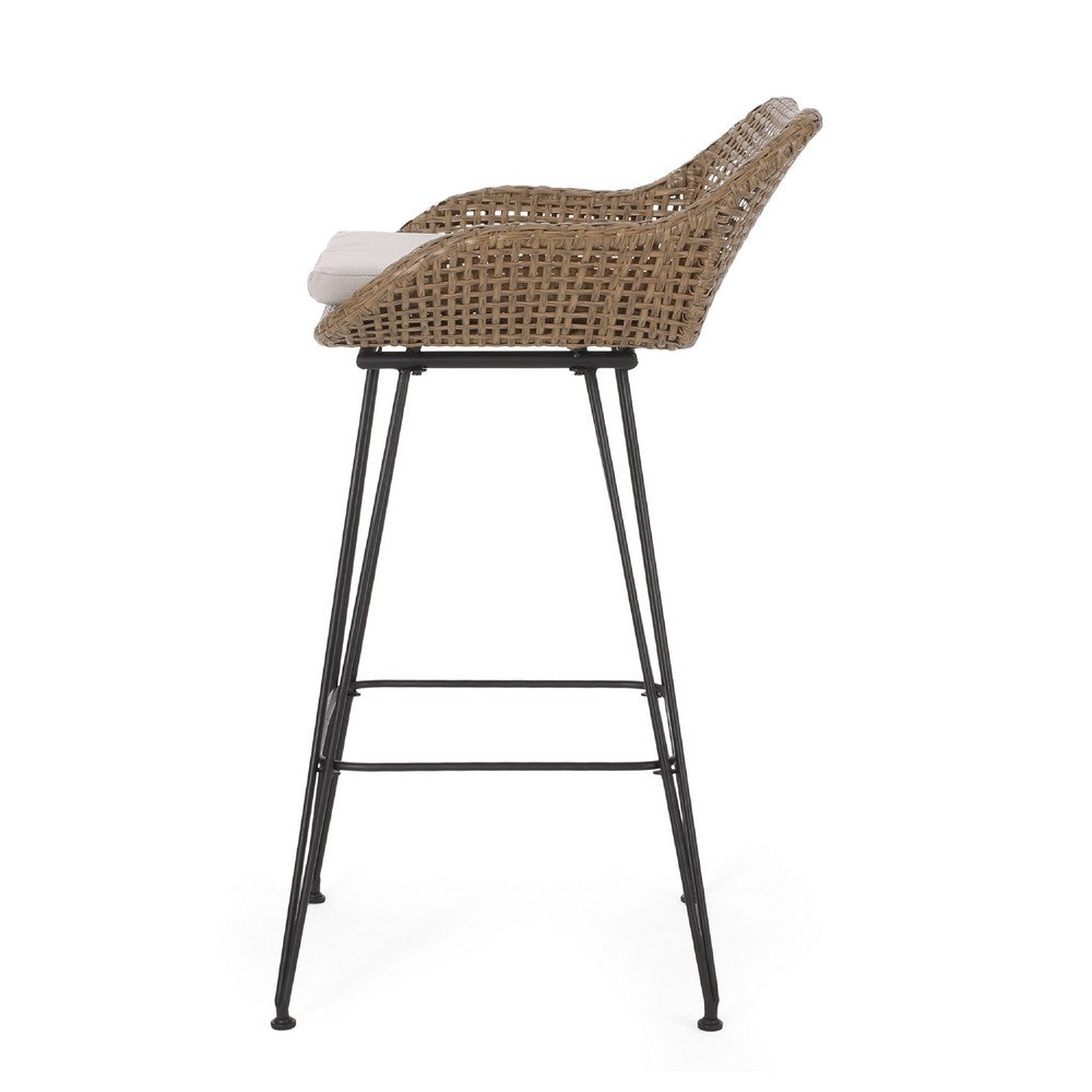Outdoor Barstool Chair Set of 2 | Beige Fabric | Brown Rattan | Black