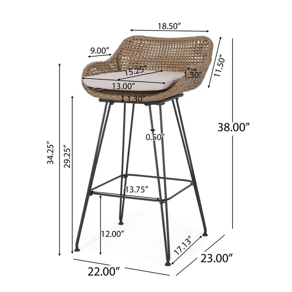 Outdoor Barstool Chair Set of 2 | Beige Fabric | Brown Rattan | Black