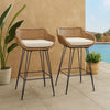 Outdoor Barstool Chair Set of 2 | Beige Fabric | Brown Rattan | Black
