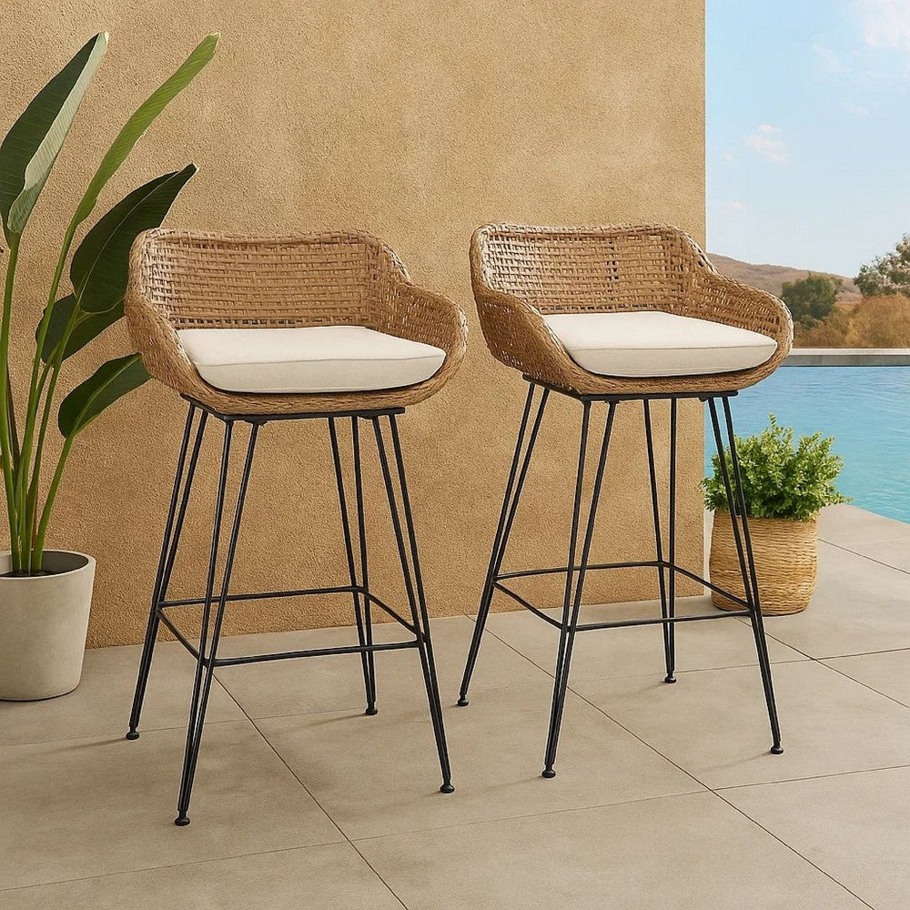 Outdoor Barstool Chair Set of 2 | Beige Fabric | Brown Rattan | Black