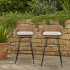 Outdoor Barstool Chair Set of 2 | Beige Fabric | Brown Rattan | Black