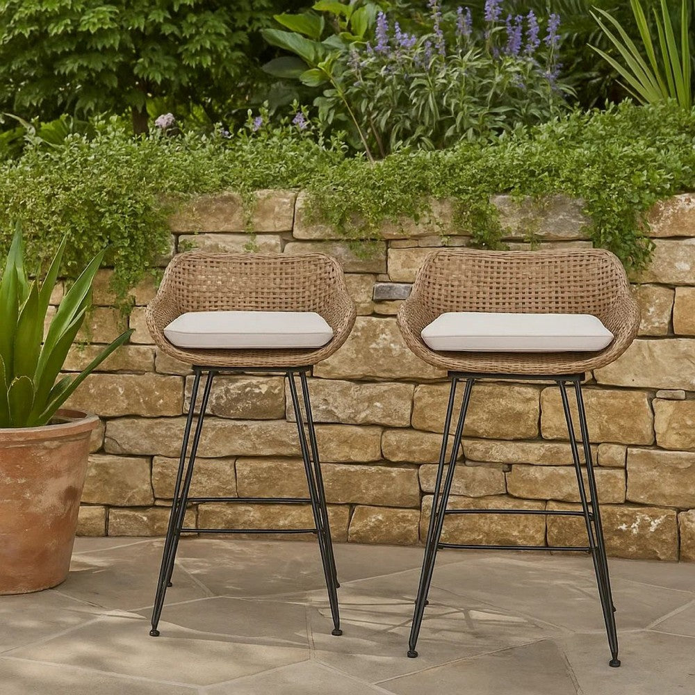 Outdoor Barstool Chair Set of 2 | Beige Fabric | Brown Rattan | Black