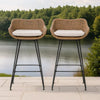 Outdoor Barstool Chair Set of 2 | Beige Fabric | Brown Rattan | Black