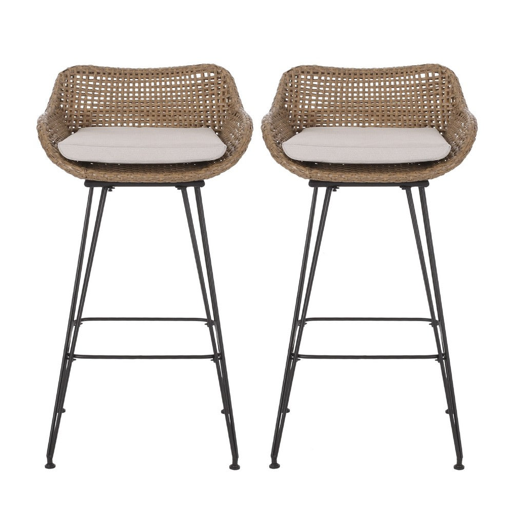 Outdoor Barstool Chair Set of 2 | Beige Fabric | Brown Rattan | Black