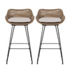 Outdoor Barstool Chair Set of 2 | Beige Fabric | Brown Rattan | Black