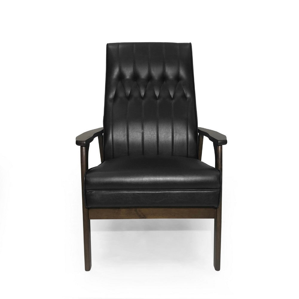 Accent Armchair | Tufted Matte Black Faux Leather | Brown Wood Frame BM335470