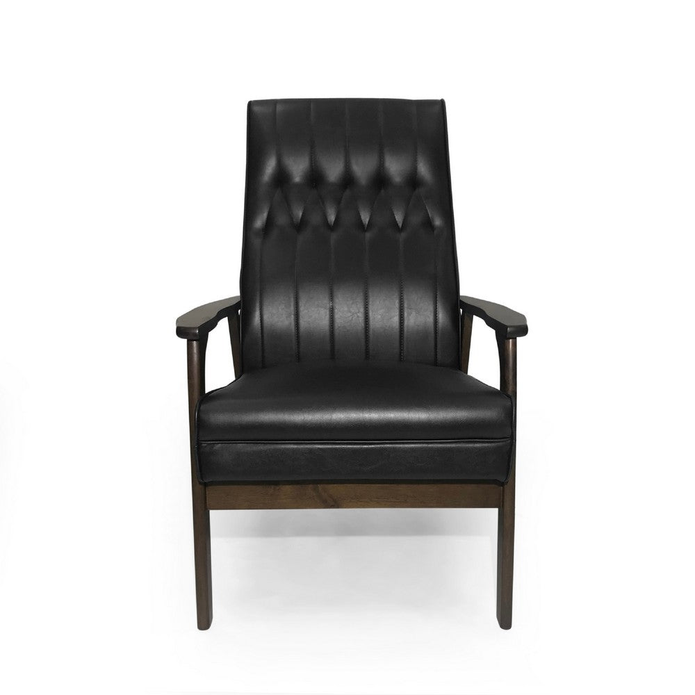 Accent Armchair | Tufted Matte Black Faux Leather | Brown Wood Frame