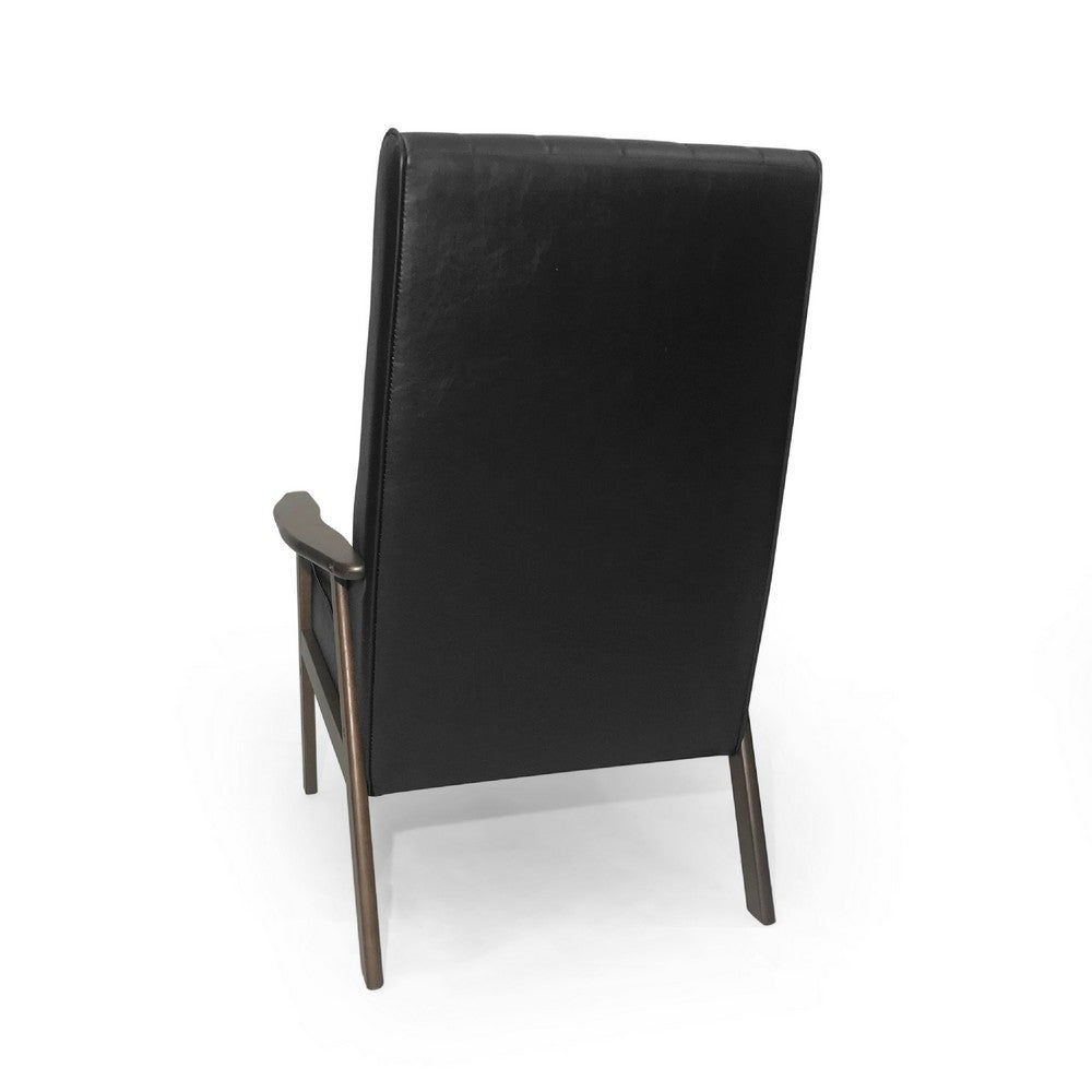 Accent Armchair | Tufted Matte Black Faux Leather | Brown Wood Frame