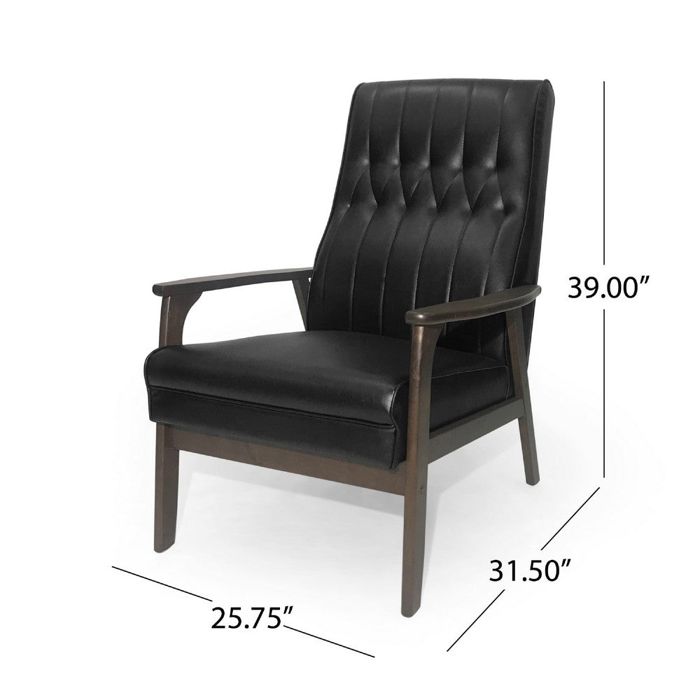 Accent Armchair | Tufted Matte Black Faux Leather | Brown Wood Frame
