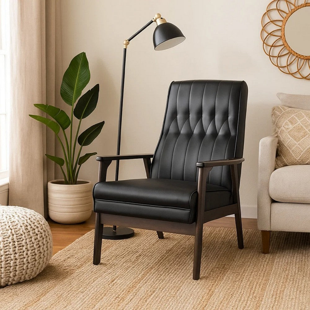 Accent Armchair | Tufted Matte Black Faux Leather | Brown Wood Frame