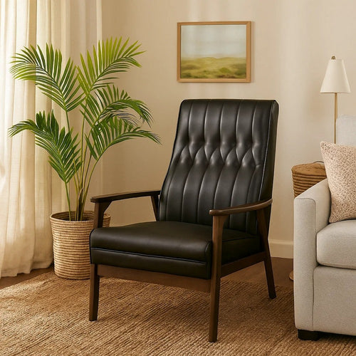 Accent Armchair | Tufted Matte Black Faux Leather | Brown Wood Frame