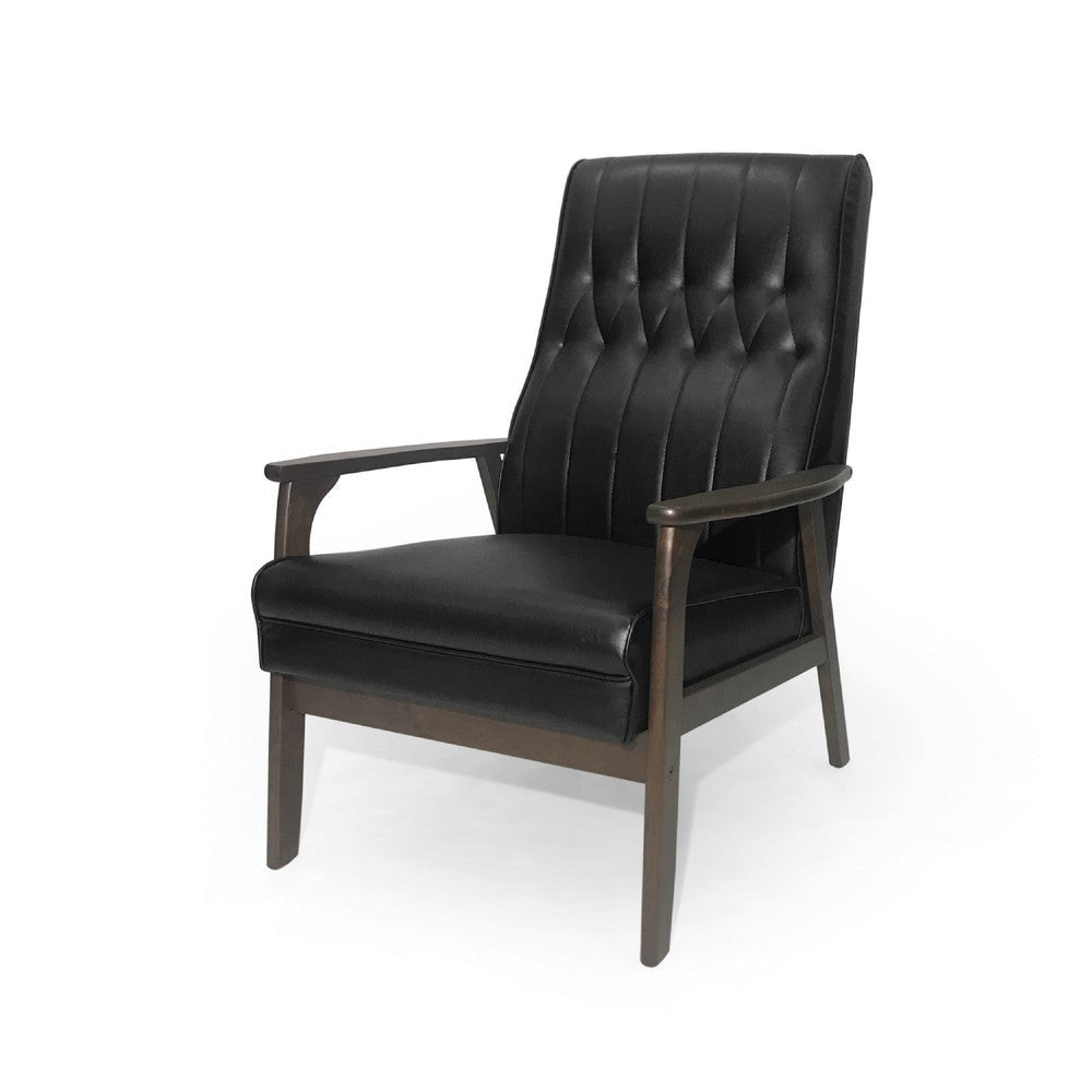 Accent Armchair | Tufted Matte Black Faux Leather | Brown Wood Frame