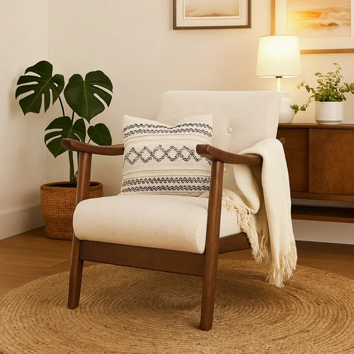 Accent Armchair | Soft Button Tufted Beige Fabric | Dark Brown Wood